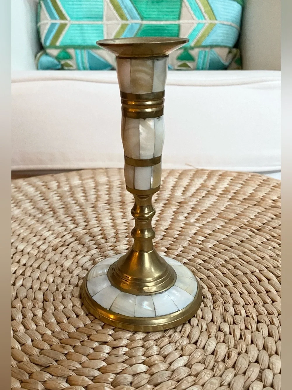 VTG  Brass & Mother of Pearl Inlay Candlestick candle Holder Taper Stand 6”